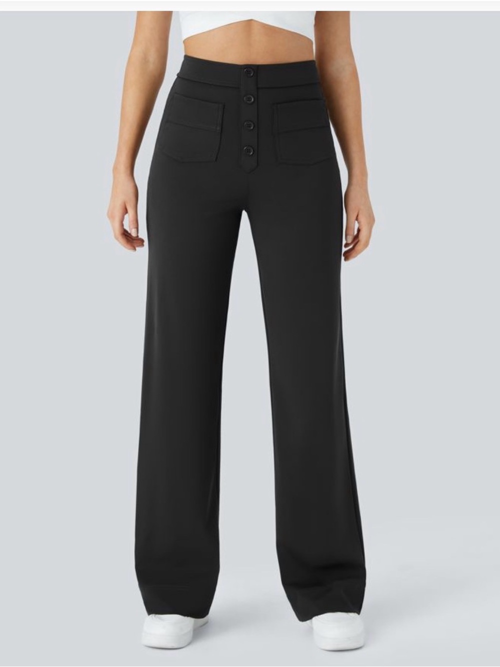 HALARA Black High-Rise Wide-Leg Pants with Button Front